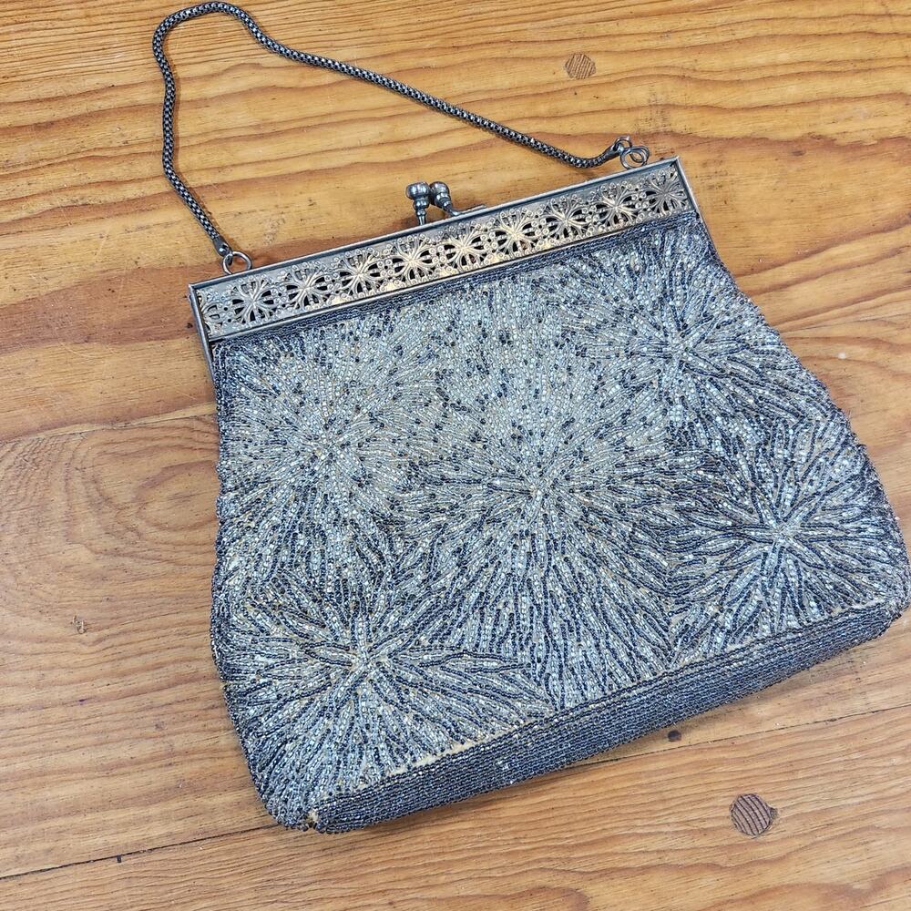 Vintage Art Deco Silver Beaded Evening Bag Purse Floral Starburst Metal Frame